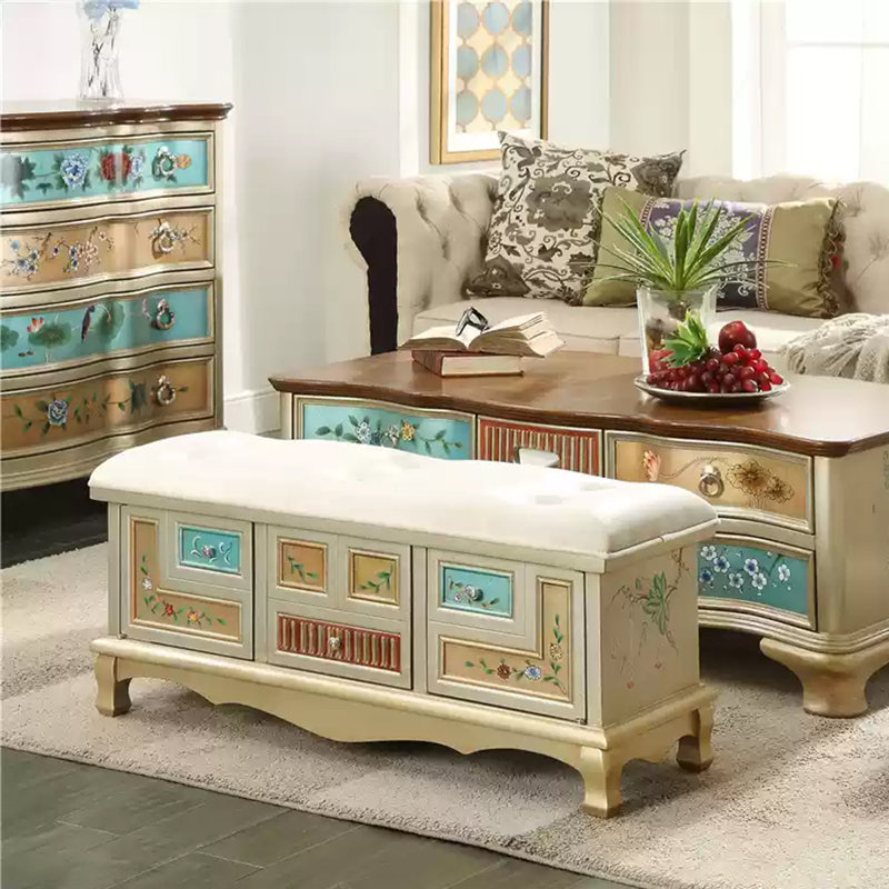 Banc de rangement pour chaussures en bois massif rétro peint à la main, Beige