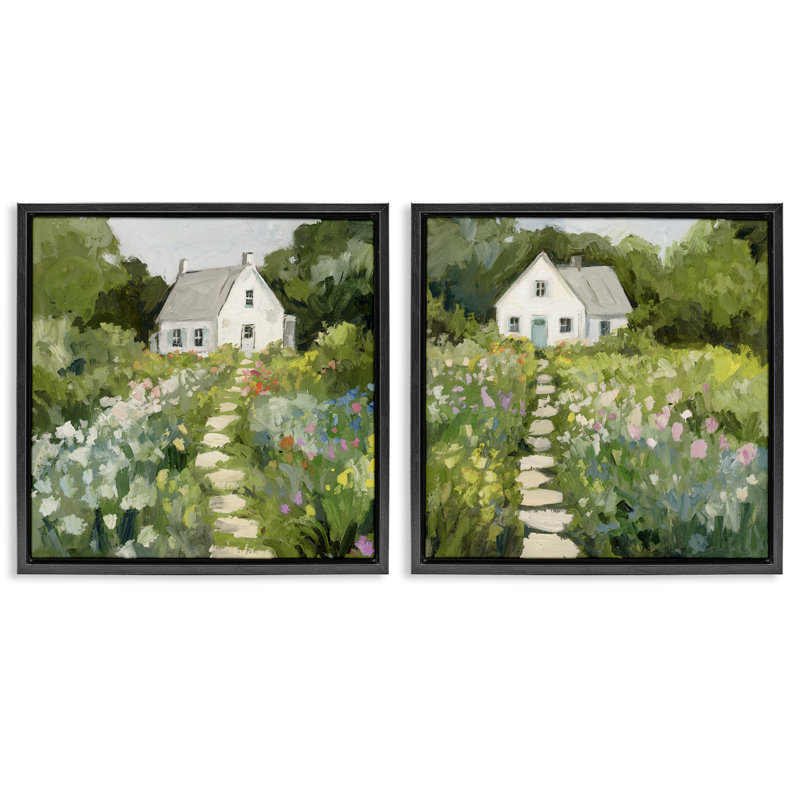 Ensemble de 2 toiles flottantes Cottage, sur une colline, design par Victoria Barnes, Cadre flottant noir de jais