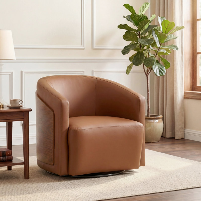 Fauteuil demi-tonneau pivotant en similicuir Delwood, Brun foncé