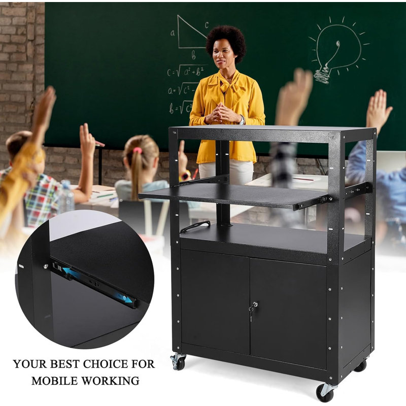 Height Adjustable Rolling AV Cart with Locking Cabinet