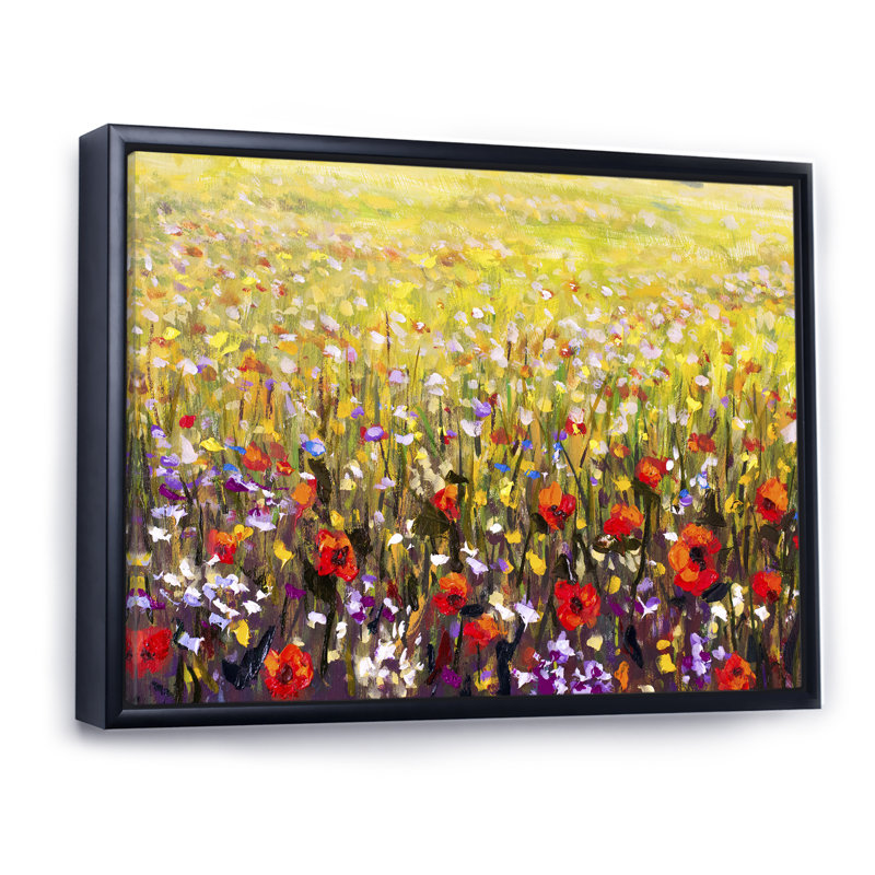 «Red Poppies Flower Field», reproduction sur toile flottante, H 12 po x l 20 po x P 1 po, Cadre flottant noir