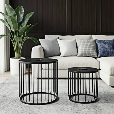 Ensemble de 2 tables basses gigognes avec lumières solaires à DEL, table d'appoint en fer noir mat antirouille et table de chevet d'extérieur sans assemblage