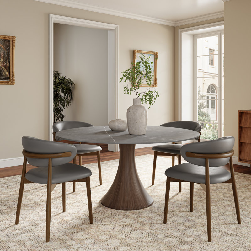 Round Pedestal Dining Table Set 4/6/8 Seats Dark Walnut & Gray Set, 29.52" H x 59" W x 59" D, 5 Pieces: Table, 4 Chairs