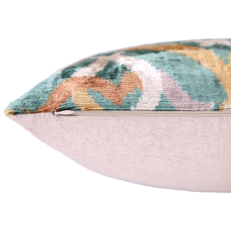 Coussin en velours émeraude doré Ikat - 16 x 16 po