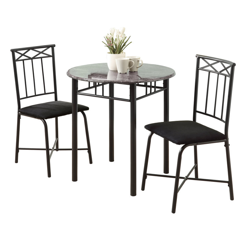 Richard 3 Piece Bistro Table And Chairs Set, Round, Gray Top, Black Metal