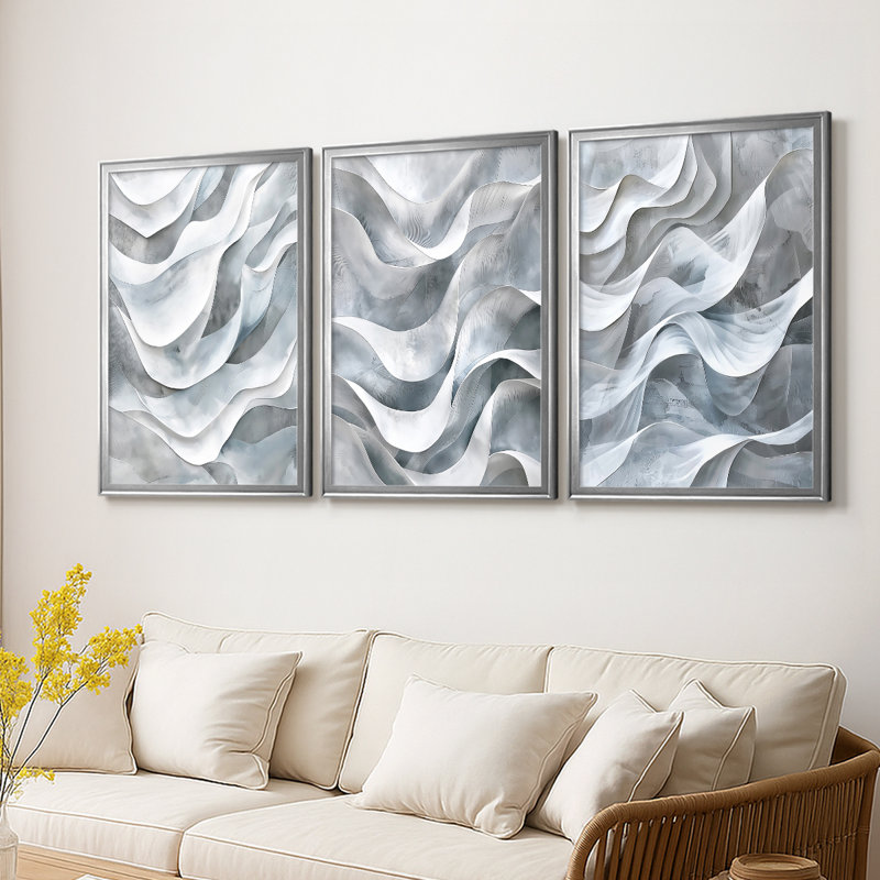 ABSTRACT Series CDLV - Toile tendue avec châssis sur mesure - 3 pièces, H 19 po x l 27 po, Argent argent