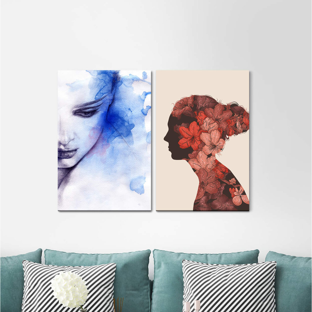 2-tlg. Leinwandbilder-Set - Grafikdruck „Dahlia Red Blossom Blowball Summer Blue Light”