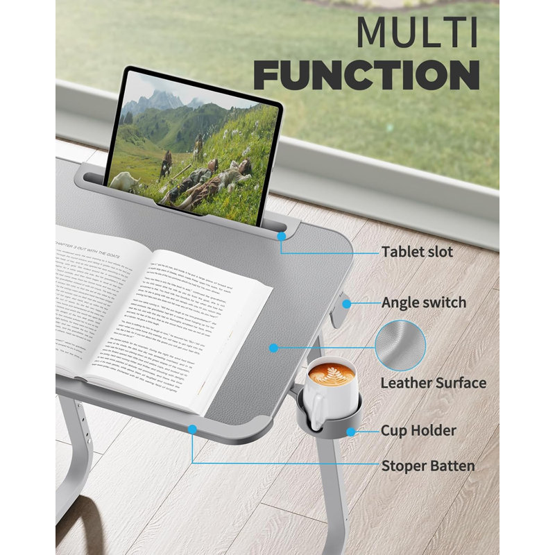 Adjustable Grey PVC Leather TV Tray Table with Cup Holder