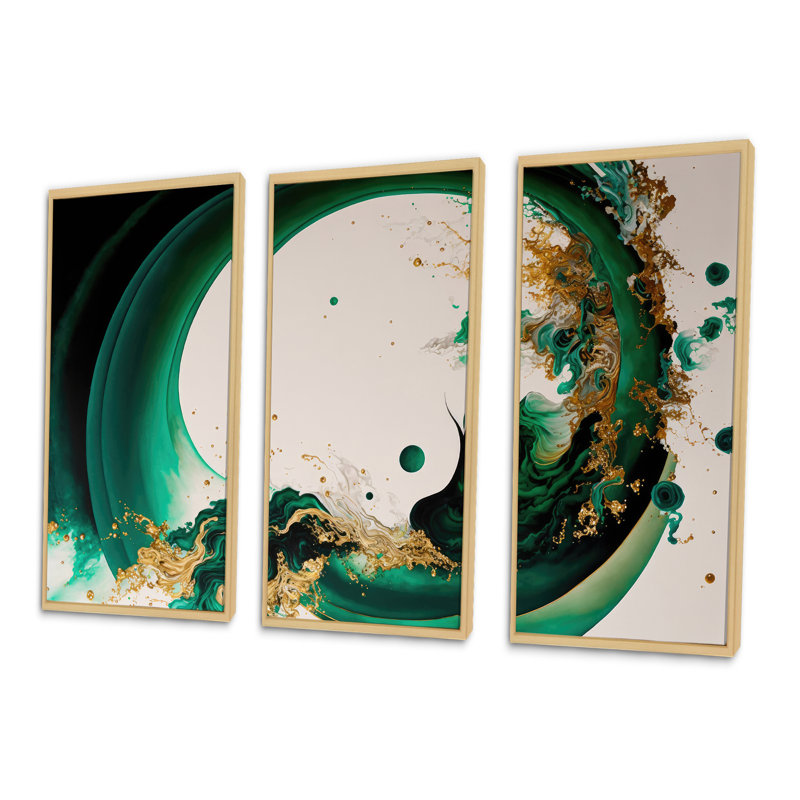 «Dojno Emerald Green and Gold Abstract Waves II», reproduction sur toile 3 pièces, H 28 po x l 36 po x P 1 po