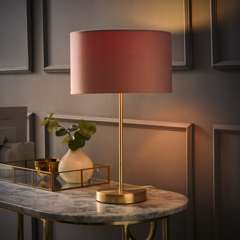 Dadiva Brushed Chrome Stem Table Lamp with Velvet Reni Shade, 38cm H x 17.5 cm W x 44.45cm D, Gold Base/Blush Shade , Yes