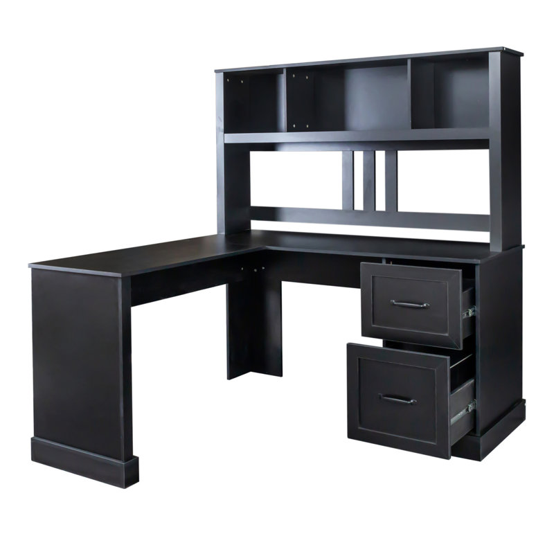 Bureau d'ordinateur à la maison avec antique noir, 2 tablettes ouvertes, 2 grands tiroirs, rangement suffisant, aspect rayé,