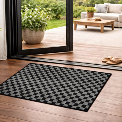 Tapis intérieur / extérieur tissé plat à carreaux noir / ivoire Easy-Care