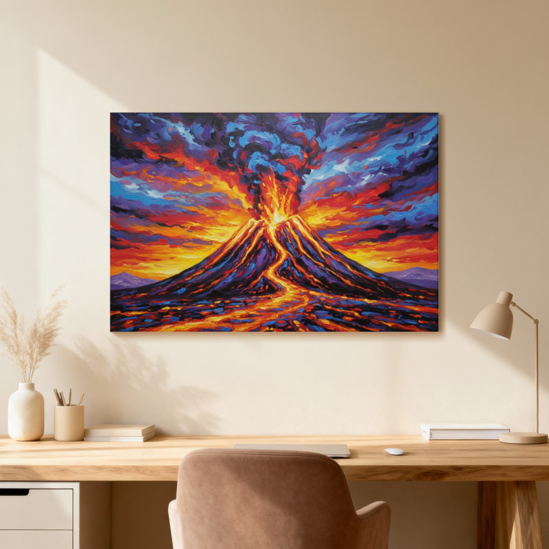 Scène de paysage urbain et volcanique, éruption volcanique, paysage dramatique, expression artistique, couleurs vibrantes