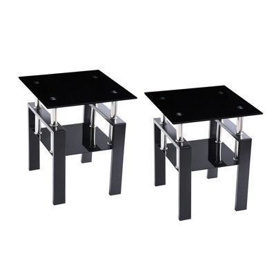 2 - Piece, Rectangular Tempered Black Glass Side Table, Waterfall Edge, , Bedroom, Practical, Easy To Install Assembly