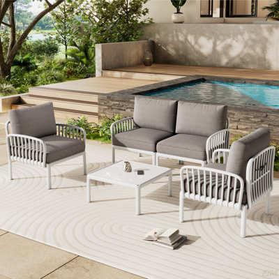 Ensemble de conversation pour patio 5 pièces, ensemble de mobilier modulaire d'extérieur moderne avec table basse carrée, siège épais à coussin épais pour porche et balcon (canapé de patio)