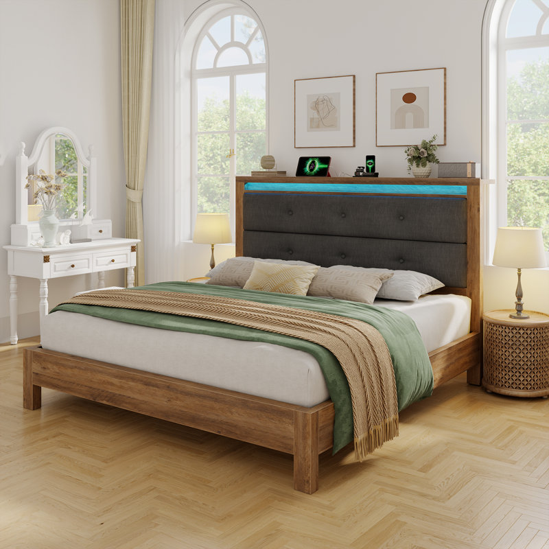 Modern Platform Bed Frame With Led Headboard & Charging Station - Quiet Eva Support, Robot Vacuum-friendly Base, King