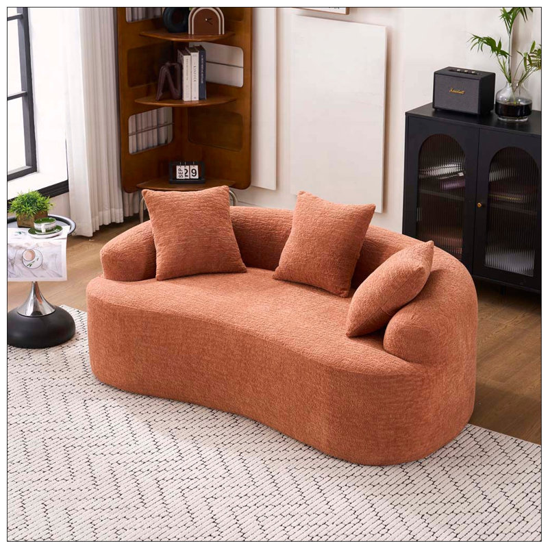 Causeuse en chenille courbée sans assemblage avec mousse 30D et 3 coussins, Tissu corail