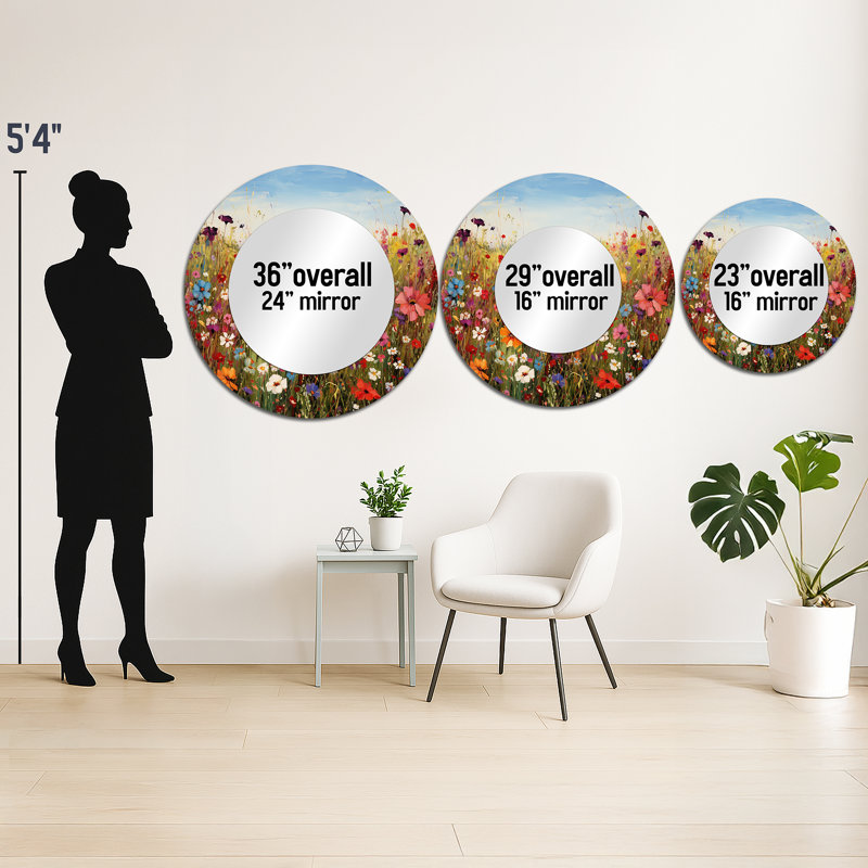 Fleurs colorées colorées Meadow Blooms I - miroir à fleurs sauvages, miroir mural décoratif rond traditionnel, impression d'art en métal