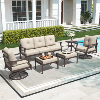 6 Piece Aluminum Patio Conversation Set, Outdoor Metal Furniture With 3-Seat Sofa, Rocking Swivel Chairs, Ottomans & Coffee Table, 5" Thick Cushions For Backyard, Poolside