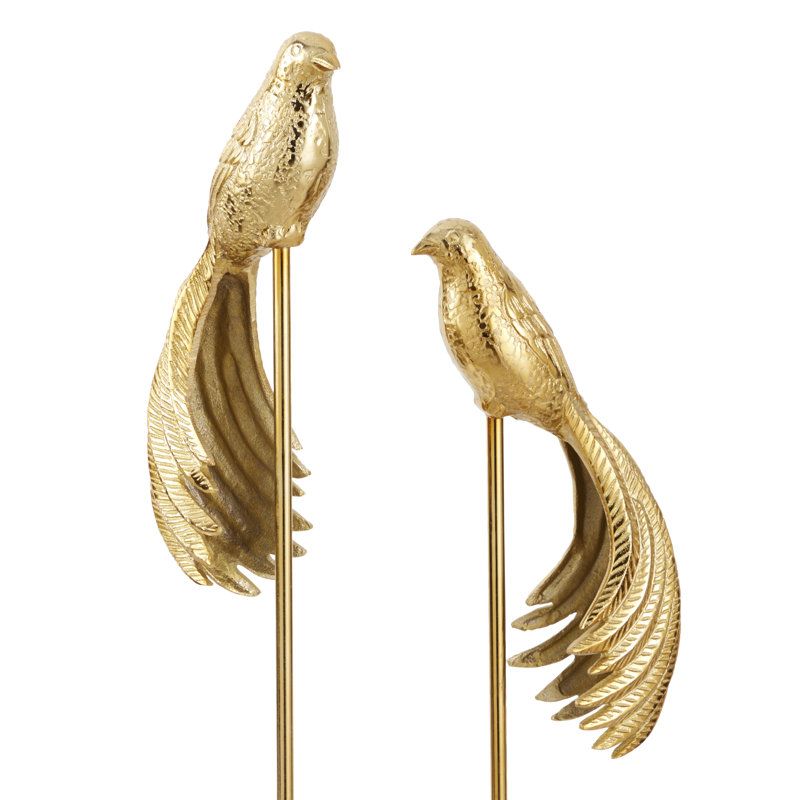 Ensemble de 2 statues d'oiseaux éclectiques en aluminium Aireona, Or, H 32 po x l 6,5 po x P 6 po / H 27 po x l 6 po x P