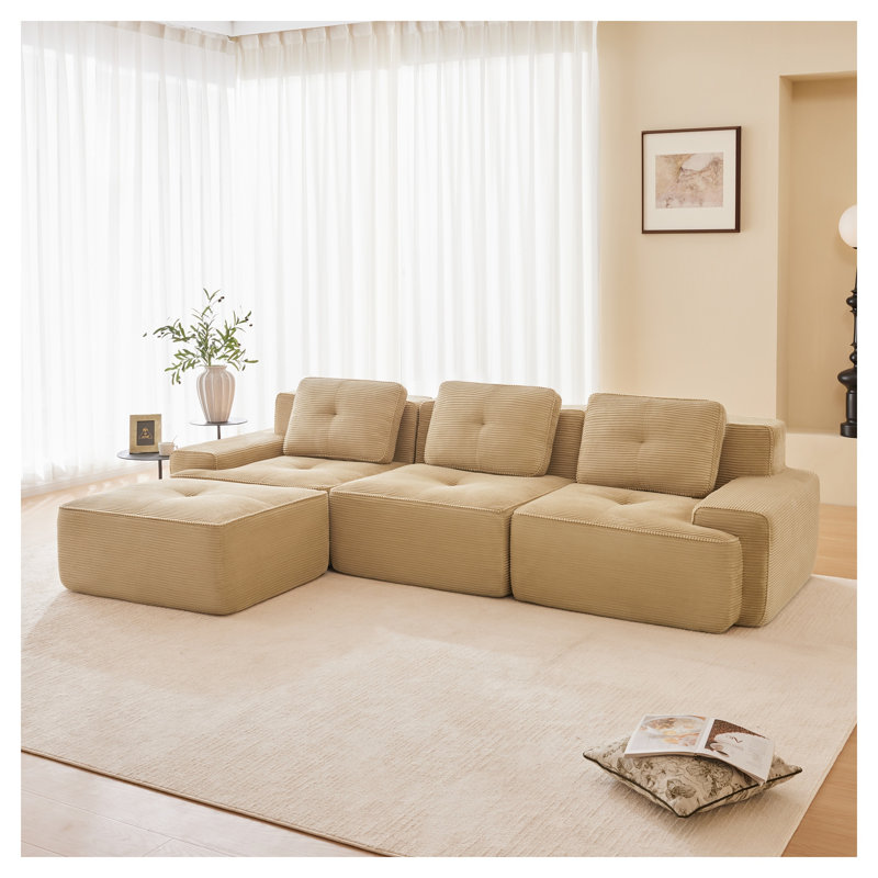 Canapé modulaire en forme de L, canapé en velours côtelé 3 places avec repose-pieds mobile, H 27,1 po x l 116 po x P 40,9 po