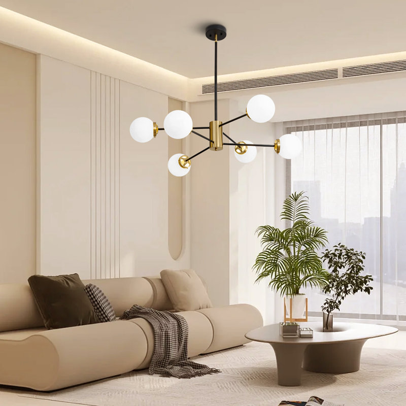Lustre spoutnik linéaire moderne à 6 lumières Asumi avec abat-jour en verre blanc laiteux, Noir mat / Or