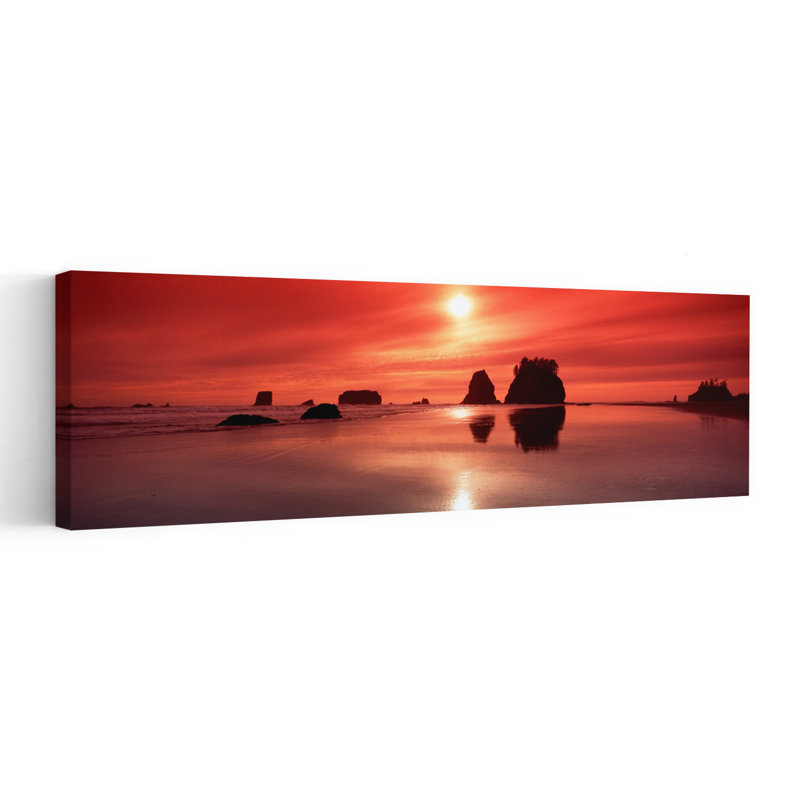 Silhouette of sea stacks at sunset Second Beach Olympic National Park Washington State USA 1 Piece Wrapped Canvas Panoramic Wall Art
