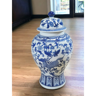 17" Porcelain Ginger Jar with Chinoiserie Deer Design