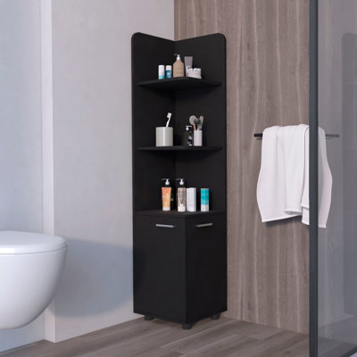 Bathroom Cabinet With 3 Corner Shelves And 2 Doors In Black - Freestanding At Corners & Standing Freely