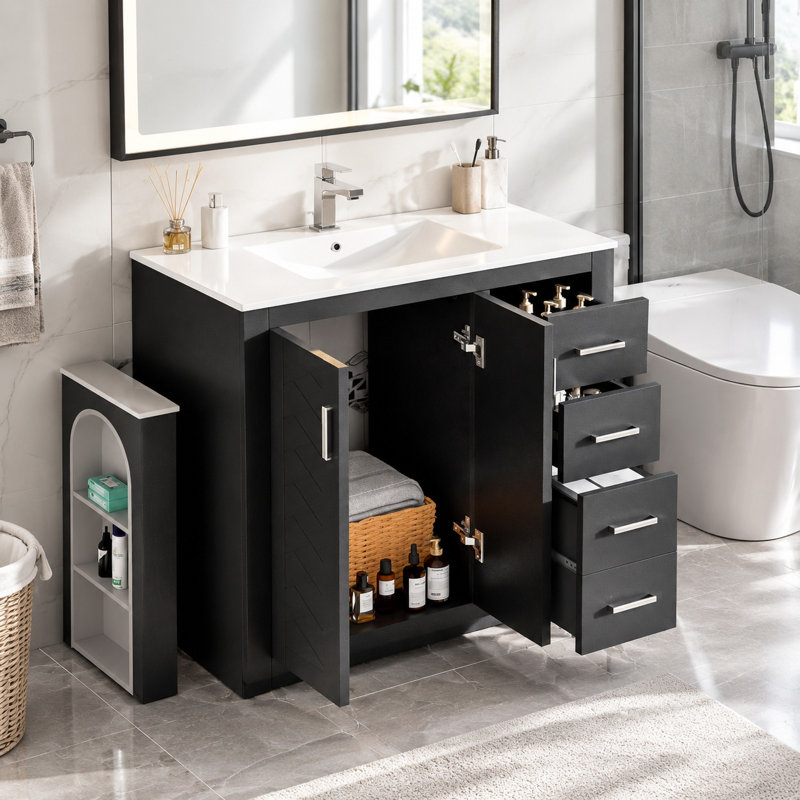 Meuble-lavabo noir de 91 cm avec lavabo en céramique et meuble de rangement autoportant