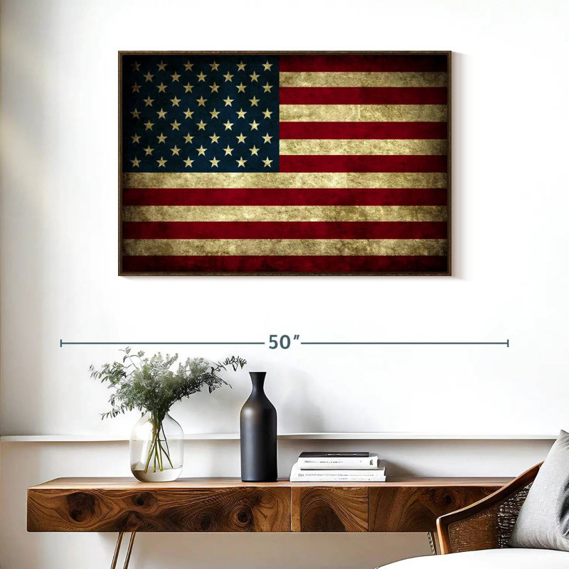 Drapeau rétro des États-Unis, 37 po x 25 po, Cadre flottant en noyer
