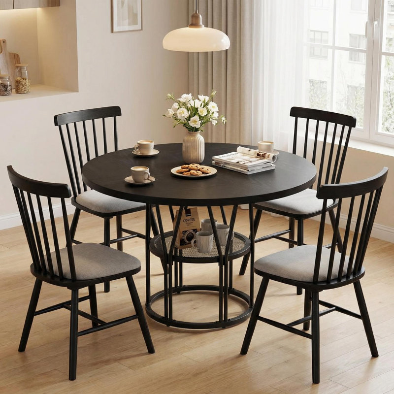 Round Metal Base Dining Table, Black