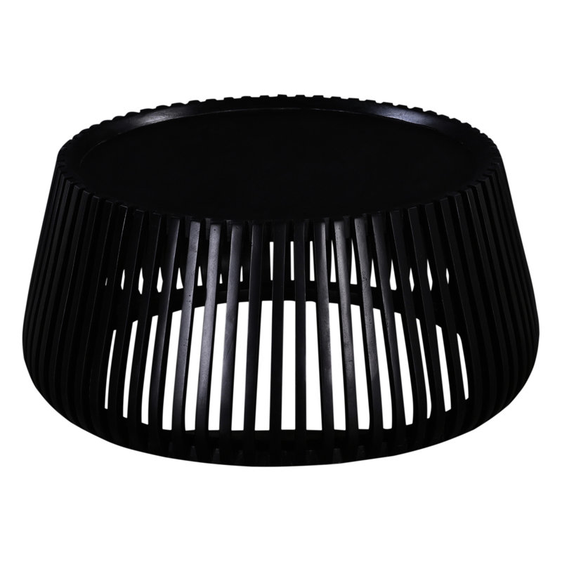 Table de salon ronde noire de 31 po de largeur, en bois de manguier, de style tambour et de table moderne de ton poli, de style et de diamètre, fabriquée à partir d'une base ouverte matte