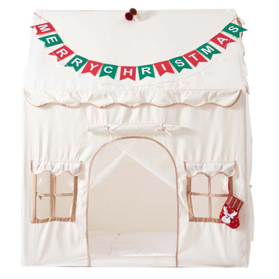 Tente de jeu 2 en 1 pour enfants, structure en bois avec tapis rembourré, beige, idéale pour les jeux des filles et des garçons, utilisation intérieure et extérieure, coin lecture confortable, guirlande lumineuse, pompons et fenêtre d'aération inclus.