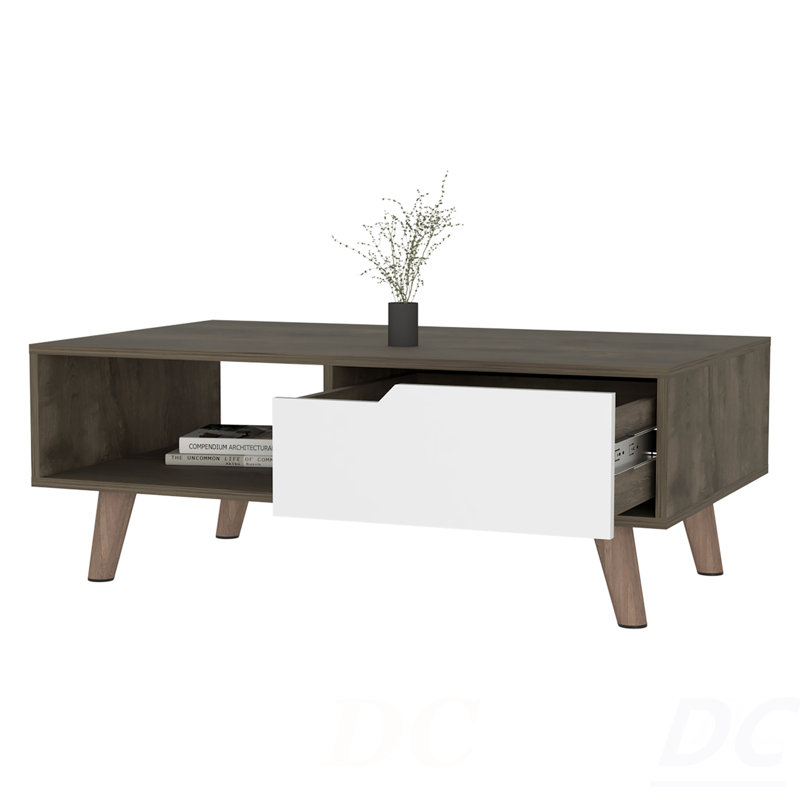 Table basse Hambourg 2.0, une tablette ouverte, un tiroir, une table