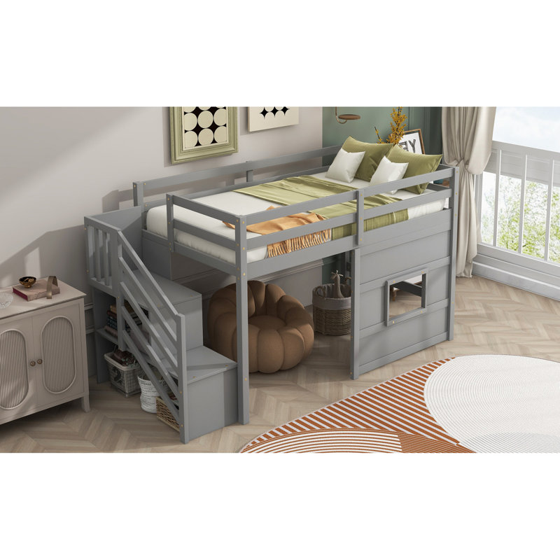 Lit mezzanine simple avec escalier de rangement et fenêtre joyeuse en bois gris pour une chambre à coucher ludique, Grey