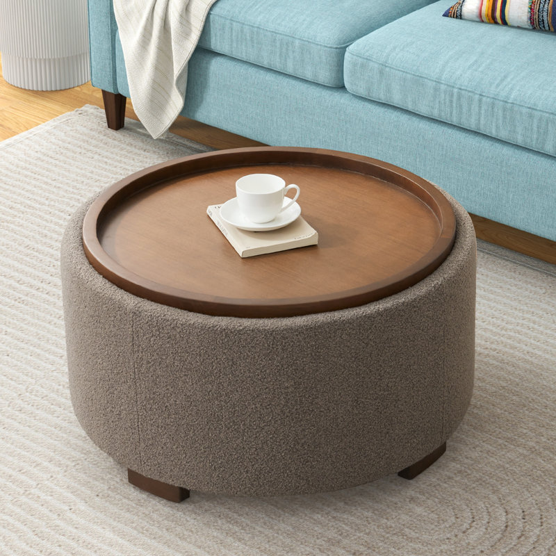 Caysey 30.1" W Upholstered Round Storage Ottoman with Wooden Tray, Brown