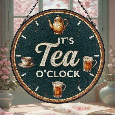 Panneau en verre teinté Tea-O-Horloge Suncatcher pour décoration de fenêtre