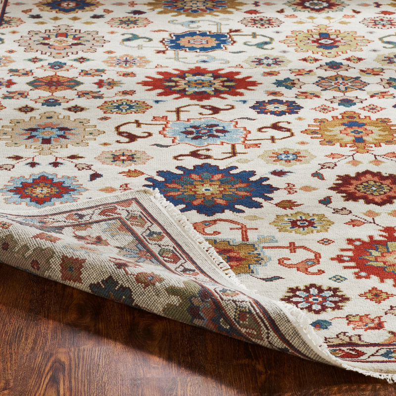 Schoenberg Hand Knotted Wool Oriental Area Rug in Ivory, Rectangle 9' x 12'