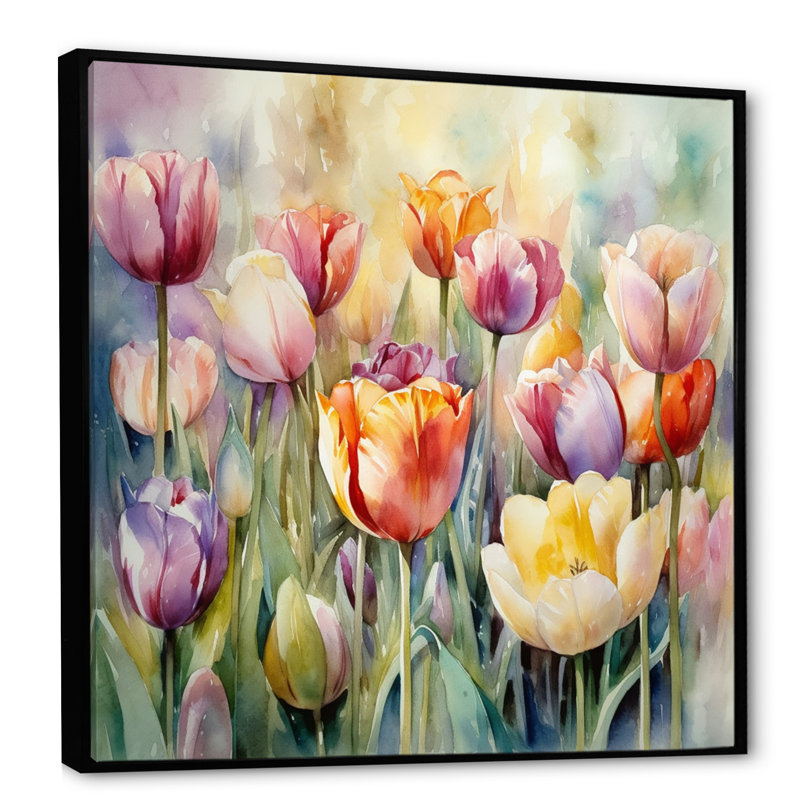 Jardin des tulipes - art mural sur toile tulipe, H 16 po x l 16 po x P 1 po, Cadre flottant noir