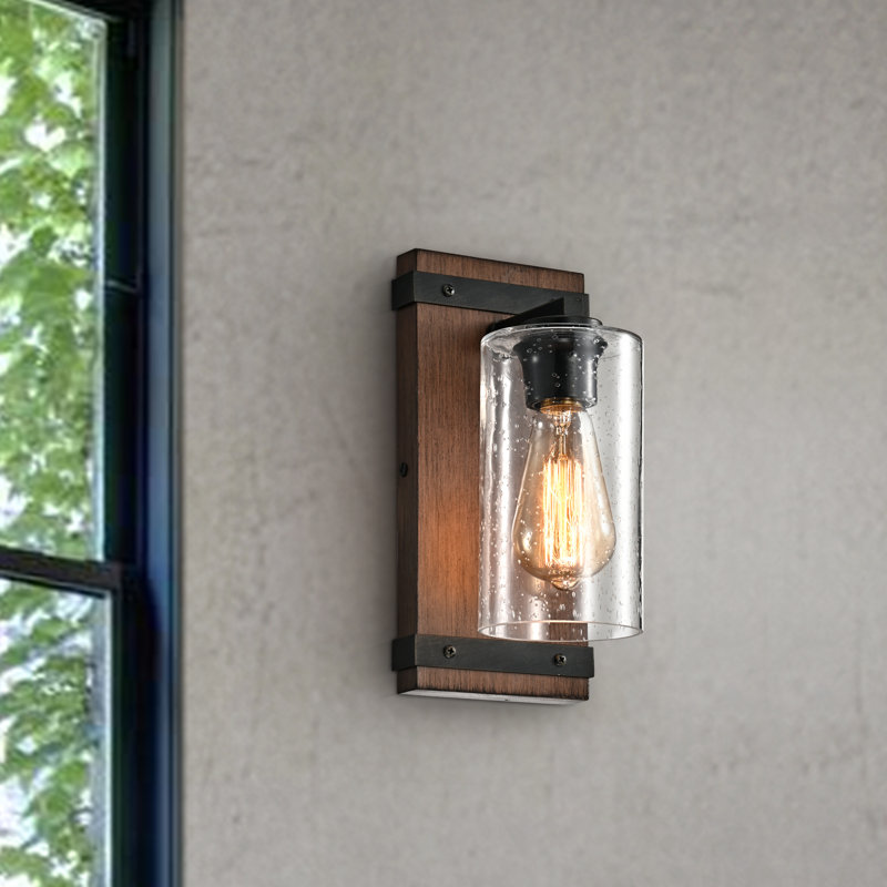 Wilfredo 1-Light Antique Black Metal and Natural Wood Base Glass Wall Sconce
