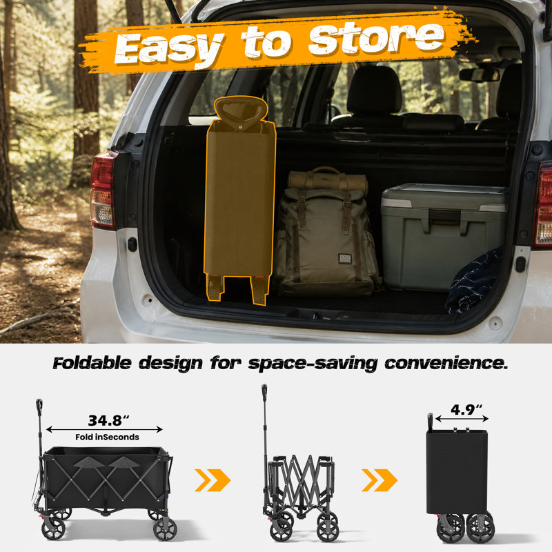 Chariot de plage pliable robuste 150L / 450 LBS, chariot utilitaire pliable avec poignée réglable et poches latérales, chariot extérieur polyvalent pour le camping, le magasinage, les voyages, noir