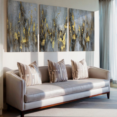 3 Pieces Exculisive Gray and Gold Abstract Large Wall Art Blue Taupe Textured Brushwork Panoramic, Canvas Decor for Living Room, Bedroom and Office