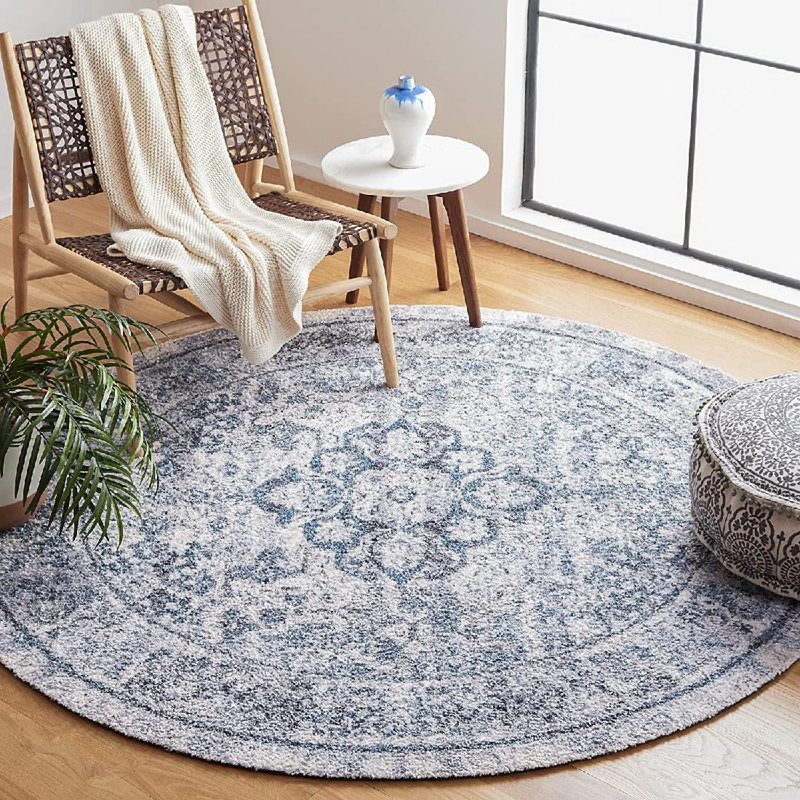 Tapis oriental oriental en polyester touffeté à la main bleu turquoise, Rond 6 pi