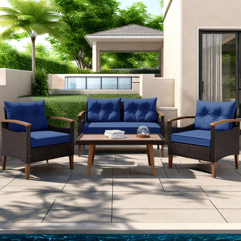 4 Pieces Outdoor Wicker Sectional Sofa With A 3-seat Sofa, 2 Ottomans, A Lifting Table, Retractable Canopy, Washable Cushions, Adjustable Backrest