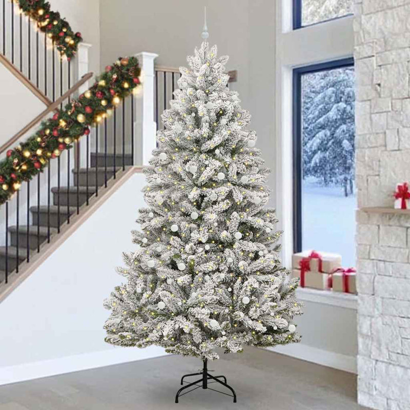 Artificial Christmas Tree Green and White PVC and Metal, Green/White, 240 cm, with Leds & White Balls