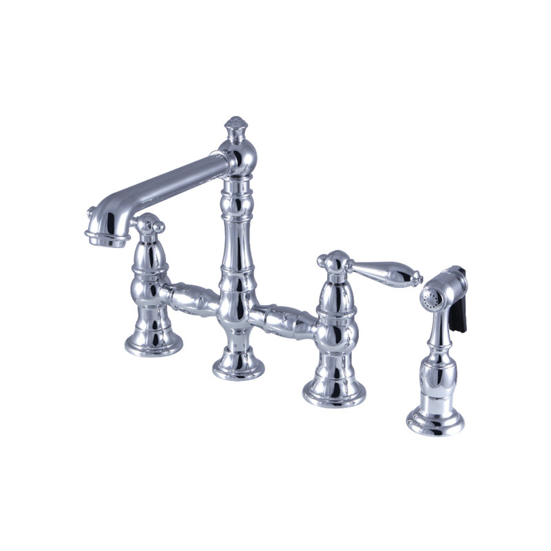 Kingston Brass English Country Two-Handle 4-Hole Deck Mount Bridge Kitchen Faucet with Brass Side Sprayer