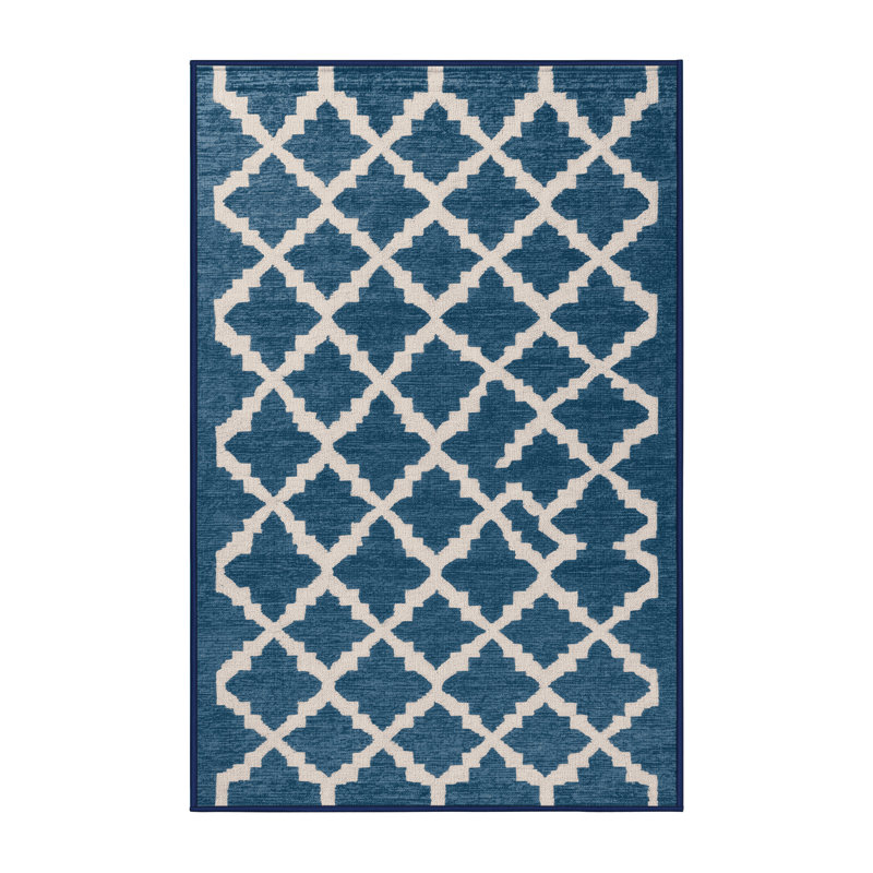 Machine Washable Trellis Blue Area Rug, Rectangle 5' x 7'