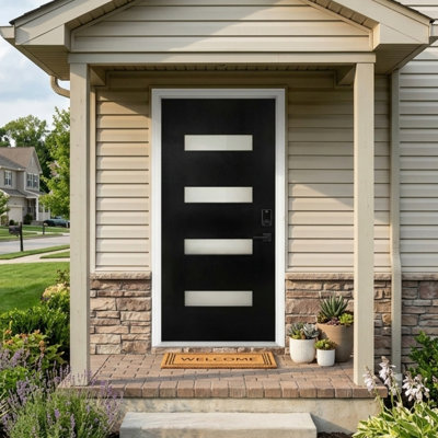 Porte d'entrée en fibre de verre 36 x 80 avec moulure de brique, verre dépoli, finition noire, à monter soi-même - Style contemporain pour l'entrée principale de la maison, ouverture vers l'intérieur à gauche (porte seulement, cadre non inclus)