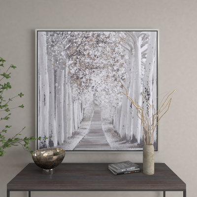 Toile blanche, paysage de forêt encadrée, cadre mural argenté